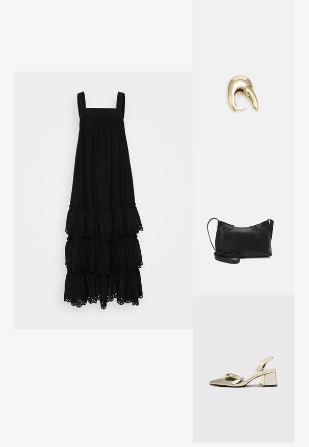 Rochie neagră, fără mâneci, cu decolteu pătrat, volane în straturi și accente din dantelă pe marginea de jos. Textură moale a țesăturii.; Pantofi cu toc slingback metalici aurii, cu vârf ascuțit și toc chunky. Textură netedă, design minimalist și o curea subțire.; Geantă de umăr din piele neagră, cu o textură netedă, formă curbată, curea ajustabilă și închidere cu fermoar. Design minimalist, fără embellishments.; Cercei din metal de culoare aurie cu un design elegant și curbat. Prezintă o formă distinctivă, ascuțită, o suprafață lustruită și un sistem de închidere cu balama.