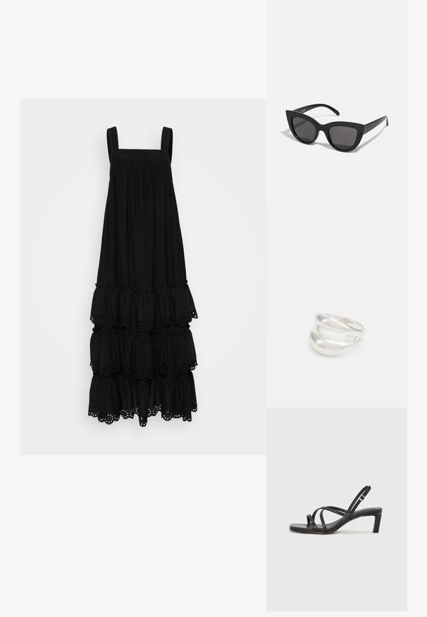 Čierne, bezramienkové šaty s hranatým výstrihom, vrstvenými volánmi a očkovanými detailmi na spodnom leme. Mäkká textúra látky.; Čierne sandále na vysokom podpätku so štvorcovou špičkou a nízkym blokovým podpätkom. Obsahujú viacero tenkých popruhov a nastaviteľný členkový popruh. Vyrobené z hladkej kože.; Čierne slnečné okuliare v štýle mačacích očí s matným povrchom, so šedými tónovanými sklami, ostrými hranami a elegantnými bokovými ramenami. Názov značky je viditeľný na vnútornom ramene.; Strieborný prsteň s dvojitým pásikom s hladkým, lesklým povrchom. Má plynulý, zakrivený dizajn s prekryvajúcimi sa časťami pre moderný vzhľad.