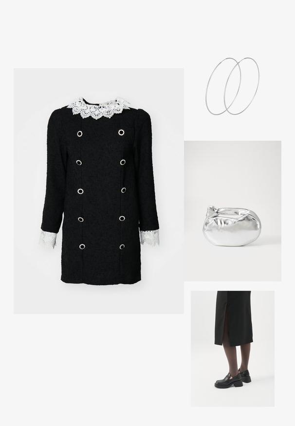 Crna haljina s teksturiranim materijalom, bijelim čipkastim ovratnikom i manžetama, dvostruko kopčanje i okrugli srebrni detalji.; Crne kožne cipele s zaobljenim vrhom, debelim blok petama i elastičnim bočnim detaljima, uparene s tamnim čarapama i crnom suknjom s prorezom.; Srebrna metalik torbica s mekim, zaobljenim oblikom i čvorastim zatvaranjem na vrhu. Izrađena od glatke sintetičke kože.; Srebrne okrugle naušnice s minimalističkim dizajnom. Kružni oblik, glatka tekstura i tanak profil. Lagane s poliranim završetkom.