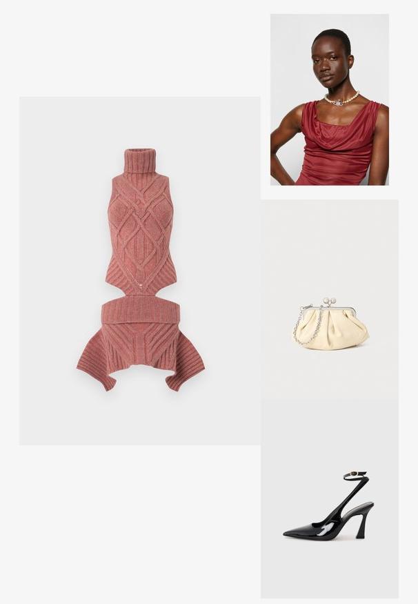 Pulóver nélküli, magas nyakú, porrózsaszín színben, texturált geometrikus mintával, bordás nyakkivágással és széles karnyílásokkal készült cropped fazonban.; Fekete lakk bőrből készült, slingback magas sarkú cipők, hegyes orral, állítható bokapánttal és mérsékelt tömbsarkal. Simább textúra, fényes felület.; Pleátolt bézs bőr válltáska ezüst fém kerettel, két kerek díszcsattal és ezüst lánc pánttal.; Kéréknyakú, mélyvörös ruha sima textúrával. Gyöngy nyaklánc díszes ezüst kiegészítővel a közepén.