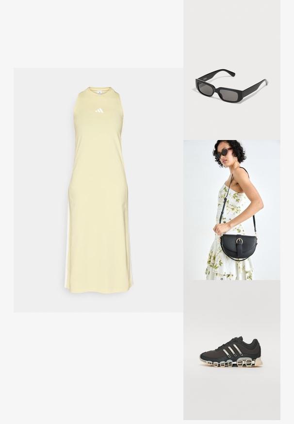 Vestido amarelo sem mangas com decote redondo, fendas laterais e riscas brancas nas laterais. Apresenta um pequeno logotipo branco na frente. Feito de tecido macio.; Shoe desportivo preto com um upper texturizado, três riscas prateadas e uma sola de amortecimento distinta, apresentando múltiplas secções integradas.; Óculos de sol retangulares pretos com lentes cinzentas, feitos de plástico liso. Apresenta um design minimalista com hastes retas e uma marcação discreta.; Bolsa de couro preta com forma curva, alça destacável e detalhes em dourado. A bolsa possui uma aba com detalhe de fivela.