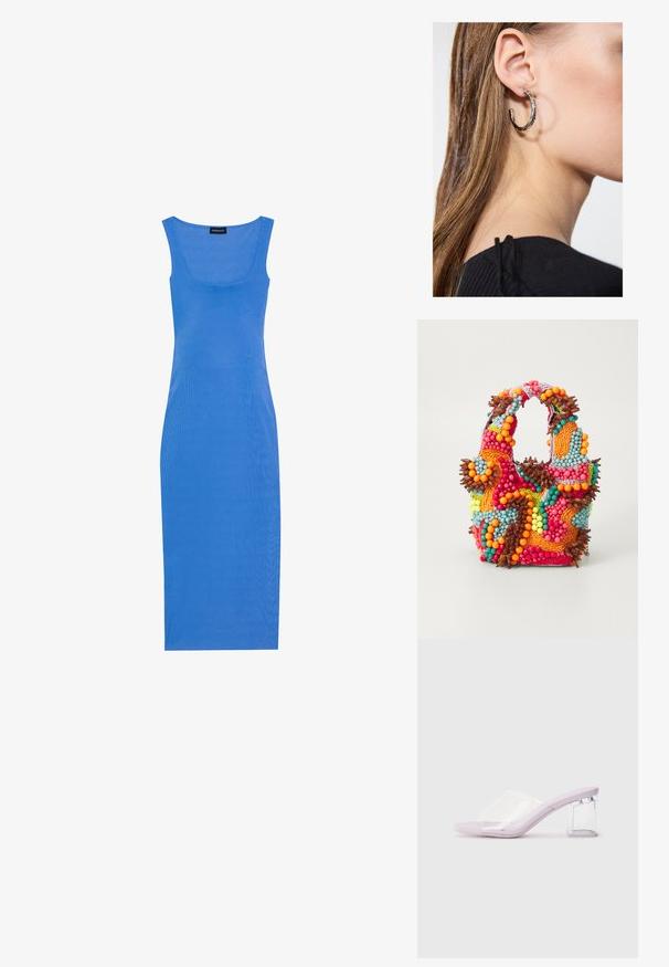 Modra midi obleka z rebrasto teksturo, prilegajoča se silhueta, kvadratna izrezana vratna odprtina in široke naramnice. Narejena iz mehkega, raztegljivega materiala.; Lila sandala na visokom potplatu s prozirnim plastičnim gornjim dijelom i prozirnim blok petom. Glatka tekstura, otvoreni dizajn prstiju, minimalistički oblik.; Beaded torbica z živahnimi barvami: roza, oranžna, modra in rjava. Teksturna površina s krožnimi biseri in organskimi oblikami, trdni ročaji.; Srebrna obročasta uhana s polirano površino, ki vključuje majhne zlate poudarke in okroglo obliko, nošena na ušesnem lobu.