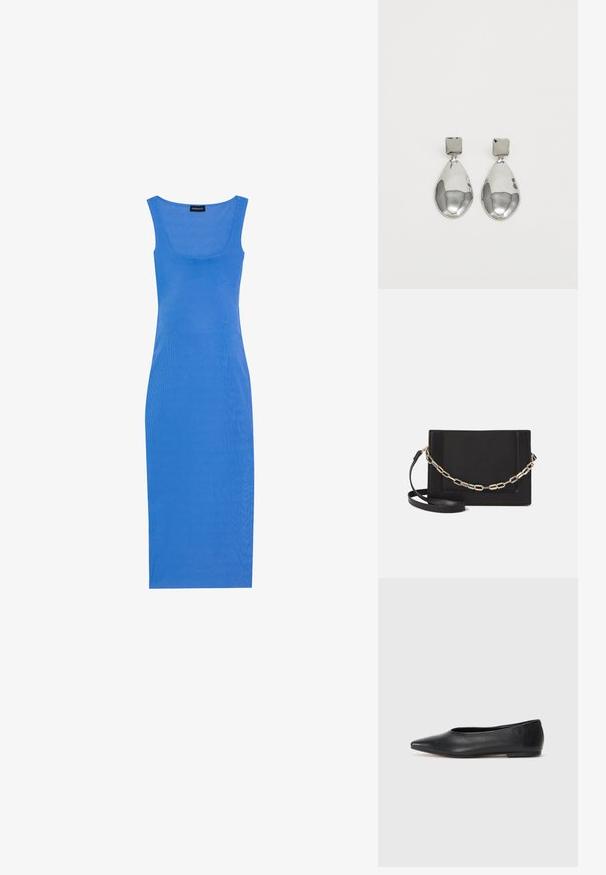 Blaues, geripptes Midikleid mit taillierter Silhouette, quadratischem Halsausschnitt und breiten Schulterträgern. Hergestellt aus einem weichen, dehnbaren Material.; Schwarze Leder-Balletschuhe, spitze Zehenform, minimalistische Gestaltung, glatte Textur, niedriger Absatz, keine sichtbaren Beschläge oder Verzierungen.; Schwarze Leder-Crossbody-Tasche mit glatter Textur, rechteckiger Form und metallic-kettendetail auf der Vorderseite. Verstellbarer Gurt inklusive.; Silberne Tropfenohrringe mit einem quadratischen Stecker, die eine glatte, polierte Oberfläche und eine Tropfenform aufweisen, die Licht mit einer glänzenden Oberfläche reflektiert.