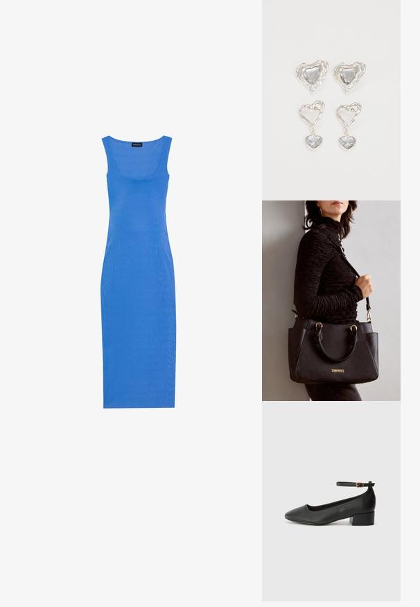 Blauwe, geribbelde midi-jurk met een aansluitende silhoeet, vierkante halslijn en brede schouderbanden. Gemaakt van een zachte, rekbare stof.; Zwarte leren pump met een spitse neus en een lage blokhak. Beschikt over een enkelband met een goudkleurige gespsluiting. Gladde textuur.; Zwarte handtas met gestructureerd oppervlak, dubbele bovenhandvatten en verstelbare schouderriem. Voorzien van goudkleurige hardware en zijzakken.; Zilveren hartvormige oorbellen hebben facetteerbare heldere stenen en een textuurframe. De set bevat stud- en hangende stijlen.