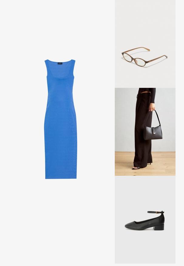 Rochie midi albastră, cu dungi, cu o siluetă ajustată, decolteu pătrat și bretele late. Realizată dintr-un material moale și elastic.; Pantof cu toc negru din piele, cu vârf ascuțit și toc mic pătrat. Dispune de o curea la gleznă cu o cataramă în tonuri de aur. Textură netedă.; Ochelari în nuanță de țestoasă maro, cu lentile ovale, brațe subțiri și accente transparente. Prezintă un logo subtil pe tâmplă. Design elegant și ușor.; Genți negre cu o formă structurată, textură netedă și un închizător metalic. Asortată cu pantaloni negri largi și sandale cu vârf deschis pe un podea din lemn.