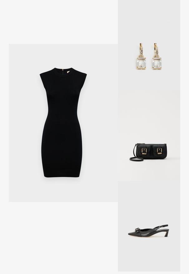 Čierne šaty bez rukávov s vysokým golierom, priliehajúcim strihom a hladkou textúrou; obsahuje zips na zadnej strane pre zapínanie.; Čierne kožené sandále s úzkym prstom, malým opätkom a dekoratívnou sponou na vrchnej časti. Hladká textúra, minimalistický dizajn.; Čierna kožená crossbody taška s dvoma prednými vreckami, zlatými sponami, zipsovým uzatváraním a úzkym popruhom. Štruktúrovaný povrch a kompaktný obdĺžnikový tvar.; Náušnice v zlatej farbe, ktoré majú obdĺžnikový, transparentný kryštál visiaci pod radom malých, guľatých, čírych akcentov. Elegantný, moderný dizajn.