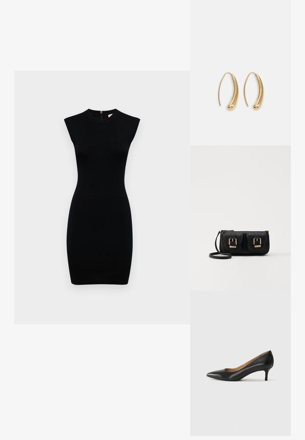 Czarna sukienka bez rękawów o wysokim dekolcie, dopasowanym kroju i gładkiej fakturze; posiada zamek błyskawiczny z tyłu.; Czarne skórzane szpilki z wąskim noskiem, niskim obcasem i gładką fakturą. Posiadają lekko otwarte przody i minimalne okucia z tyłu.; Czarna skórzana torba na ramię z dwoma przednimi kieszeniami, złotymi klamrami, zamkiem błyskawicznym i cienkim paskiem. Teksturowana powierzchnia i kompaktowy prostokątny kształt.; Złote metalowe kolczyki w kształcie obręczy o zakrzywionym, wydłużonym kształcie. Posiadają gładką, błyszczącą powierzchnię oraz zaokrąglony koniec dla dodatkowego efektu.