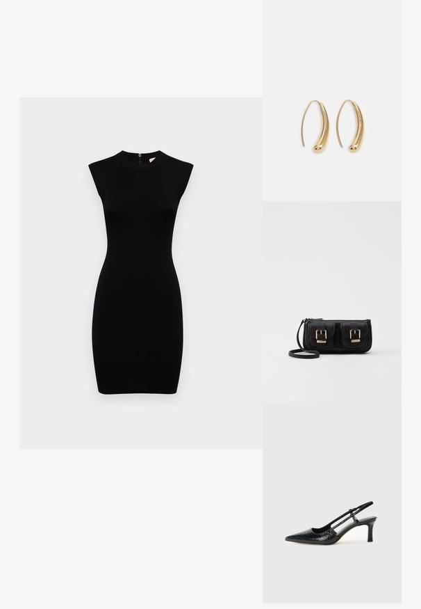 Schwarzes ärmelloses Kleid mit hohem Ausschnitt, figurbetonter Silhouette und glatter Textur; verfügt über einen Reißverschluss im Rücken zur Schließung.; Schwarze Lack-Slingback-Pumps mit spitzem Zehenbereich, versehen mit strukturiertem Schlangenprint, verstellbarem Riemen und einem kurzen, strukturierten Blockabsatz.; Schwarze Leder-Umhängetasche mit zwei vorderen Taschen, goldenen Schnallen, Reißverschluss und einem schmalen Tragegurt. Texturierte Oberfläche und kompakte rechteckige Form.; Goldfarbene Metall-Hoops mit einer geschwungenen, länglichen Form. Sie verfügen über eine glatte, glänzende Oberfläche und eine abgerundete Spitze für zusätzliche Details.