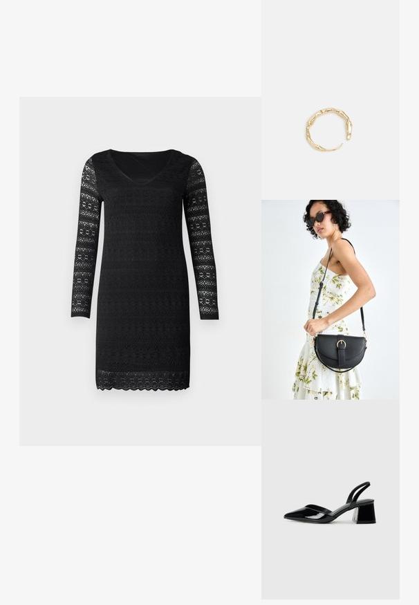 Črna obleka z dolgimi rokavi, v izrezom v obliki črke V in čipkastim videzom, ki vsebuje zapletene vzorce. Ravna kroj s podrobnostmi v obliki valov na robu.; Črne lakirane slingback pete s koničastim nosom in geometrijsko blokasto peto. Imajo eleganten, minimalističen dizajn in gladko teksturo.; Črna usnjena torbica s ukrivljeno obliko, z odstranljivo naramnico in zlatimi dodatki. Torbica ima pokrov s podrobnostmi v obliki zaponke.; Zlati prstan s organskim, zvitim dizajnom, gladko površino in taperiranimi konci, ki ustvarja modernega, skulpturalnega videza.