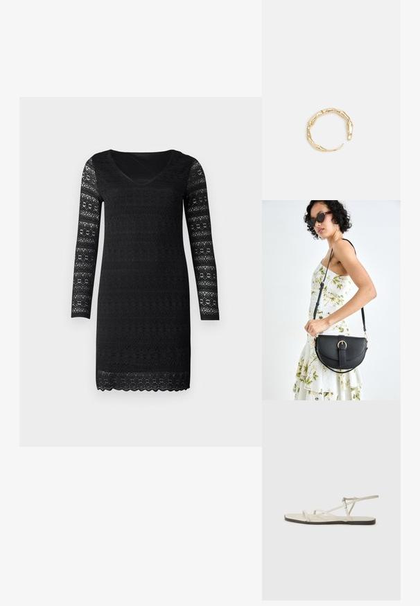 Čierne šaty s dlhými rukávmi, výstrihom do V a čipkovou textúrou, ktorá obsahuje zložené vzory. Priame strih s detailom vo forme vlnitého lemovania.; Béžové ploché sandále s viacerými štíhlymi popruhmi a nastaviteľnou prackou. Podrážka je plochá s jemným tmavým kontrastom na okraji.; Čierna kožená kabelka s zaobleným tvarom, odnímateľným popruhom a zlatými doplnkami. Kabelka má klopu s detailom s prackou.; Prsteň v zlatej farbe s organickým, skrúteným dizajnom, hladkým povrchom a zužujúcimi sa koncami, vytvárajúci moderný, sochársky vzhľad.