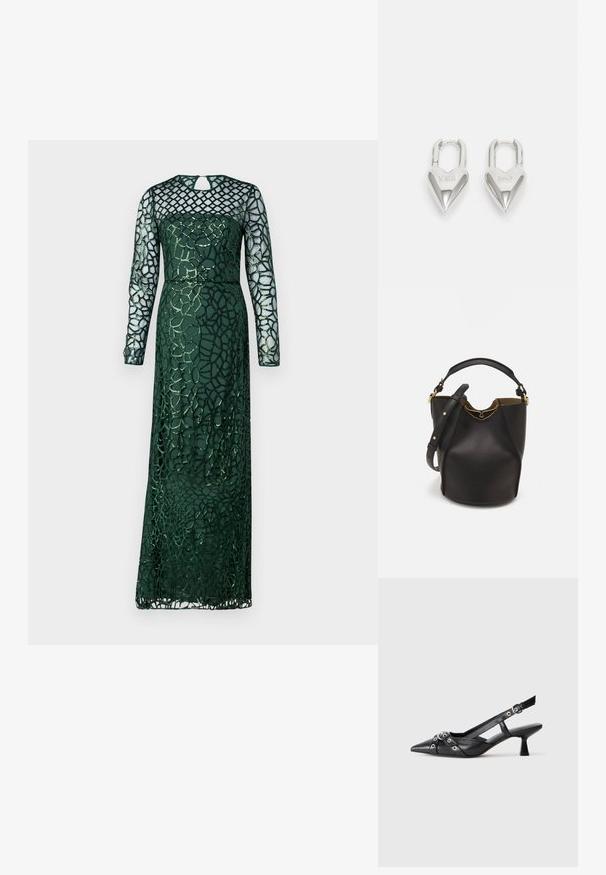 Dlhé zelené šaty s dlhými priesvitnými rukávmi, s textúrovaným prekrytím a geometrickými vzormi. Vysoký golier a priliehavý strih.; Čierne kožené slingback topánky s špicatou špičkou, ozdobnými popruhmi s kovovými očkami a nízkym blokovým podpätkom. Textúrovaný povrch.; Čierna kožená vedro taška s textúrovaným povrchom, zlatými kovovými detailami a otvoreným vrcholom. Obsahuje krátku rukoväť a nastaviteľný ramenný popruh.; Strieborné zámky v tvare srdca so vygravírovanými nápismi "ÁNO" a "NIE", leštený povrch, symetrický dizajn a robustný kovový uzáver.