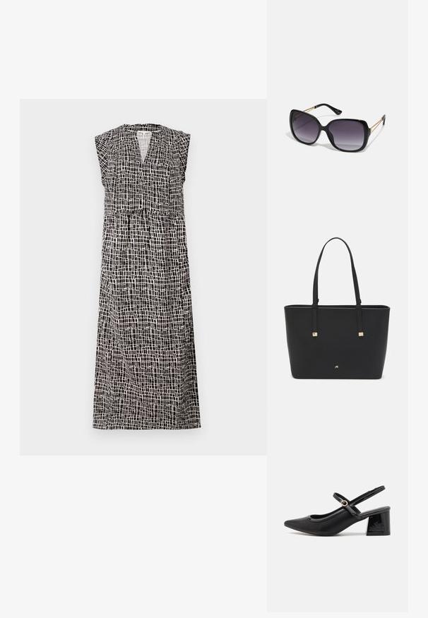 Rochie fără mâneci, alb-negru, cu un model în carouri, decolteu în V și talie strânsă, realizată dintr-un material ușor, cu un design lung până la glezne.; Cizme cu toc slingback din piele sintetică lacuită neagră, cu vârful ascuțit, un design cu decupaj rotunjit și toc bloc. Include un accent cu cataramă de culoare aurie.; Ochelari de soare negri, supradimensionați, cu lentile degradate, rame groase și detalii cu lanț de ton auriu pe brațele templului.; Pungă tote neagră, fabricată din material sintetic, având un design simplu rectangular, accente aurii pătrate și mânere duble.