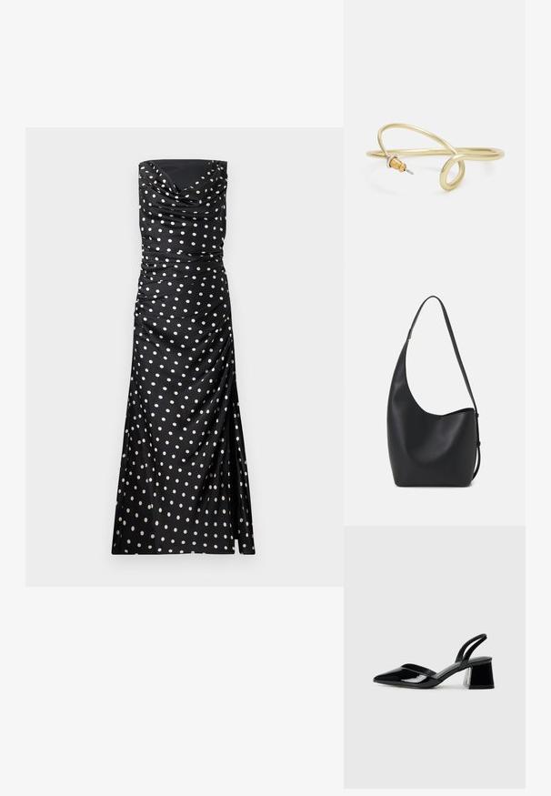 Vestido de noche negro sin tirantes con lunares crema, que presenta tela drapeada, detalles de fruncido y una silueta ajustada y fluida.; Zapatos de tacón slingback de charol negro con punta afilada y tacón geométrico en bloque. Presentan un diseño elegante y minimalista, así como una textura suave.; Bolso tipo hobo de cuero negro con una textura suave, forma curvada y una sola correa ajustable; presenta una amplia apertura en la parte superior.; Pulsera de metal color oro con un diseño fluido y curvado. Presenta un pequeño acento plateado prominente en un extremo.