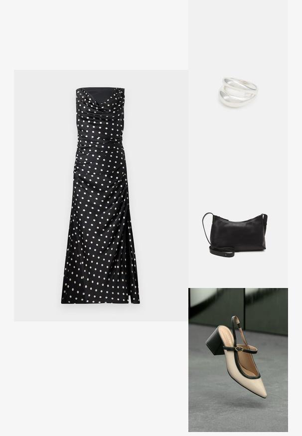 Must mustriga õhtukleit kreemivärviliste täppidega, millel on voogav kangas, kortsutamisdetailid ja sobiv, voolav siluett.; Beesidega teravatoe slingback king, musta äär ja kuldne pandla, tummise plokk-kontsa peal hallil põrandal tumesinise tausta ees.; Mustmust nahk õlakotil on sile tekstuur, kumer kuju, reguleeritav rihm ja lukuga sulgemine. Minimalistlik disain ilma kaunistusteta.; Hõbedane kahekordne rõngas sujuva, poleeritud pinnaga. Omab voolavat, kõverat disaini, millel on kattuvad sektsioonid, et saavutada kaasaegne ilme.
