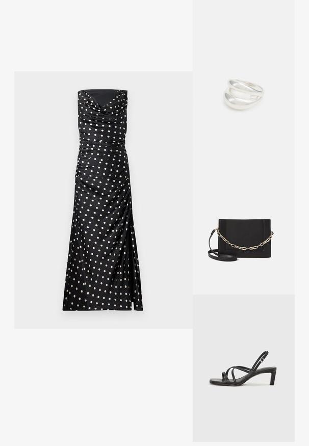 Must mustriga õhtukleit kreemivärviliste täppidega, millel on voogav kangas, kortsutamisdetailid ja sobiv, voolav siluett.; Mustast rihmajalatsid ruudukujulise varba ja madala ploki kontsaga. Omab mitmeid õhukesi rihmasid ja reguleeritavat pahkluu rihma. Valmistatud siledast nahast.; Mustast nahast õlakott, mis omab siledat tekstuuri, ristküliku kuju ning esiküljel metallketi detaili. Reguleeritav rihm on kaasas.; Hõbedane kahekordne rõngas sujuva, poleeritud pinnaga. Omab voolavat, kõverat disaini, millel on kattuvad sektsioonid, et saavutada kaasaegne ilme.