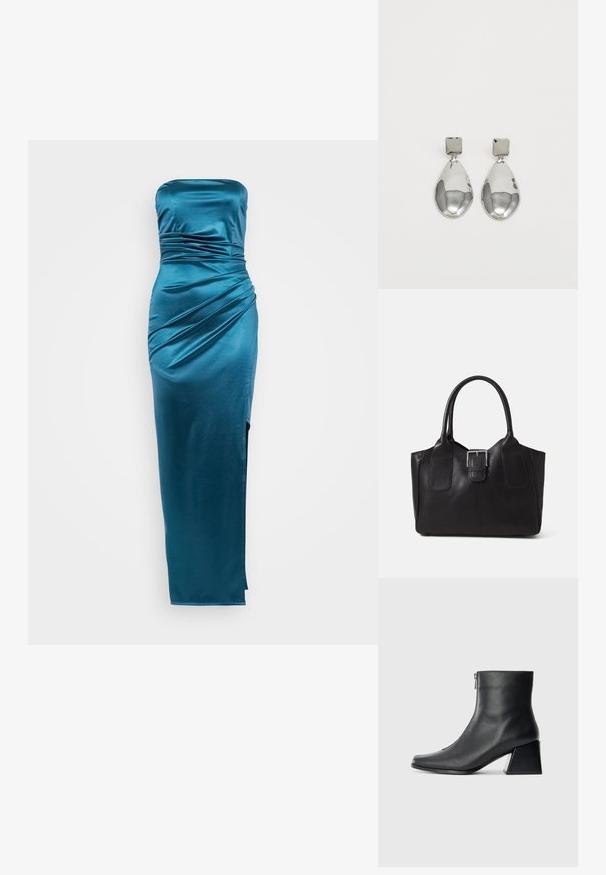 Vestido de satén en verde azulado sin tirantes, con detalles fruncidos, forma ajustada y una abertura en el muslo, que presenta una textura suave y brillante.; Botín de cuero negro hasta el tobillo con punta cuadrada, cremallera lateral y tacón bloque, sobre un fondo claro liso.; Bolso tote de cuero negro con textura suave, forma estructurada, dos asas y un prominente detalle de hebilla plateada en la parte frontal.; Pendientes de gota de plata con un arete cuadrado, presentando un acabado suave y pulido en forma de lágrima, que refleja la luz con una superficie brillante.