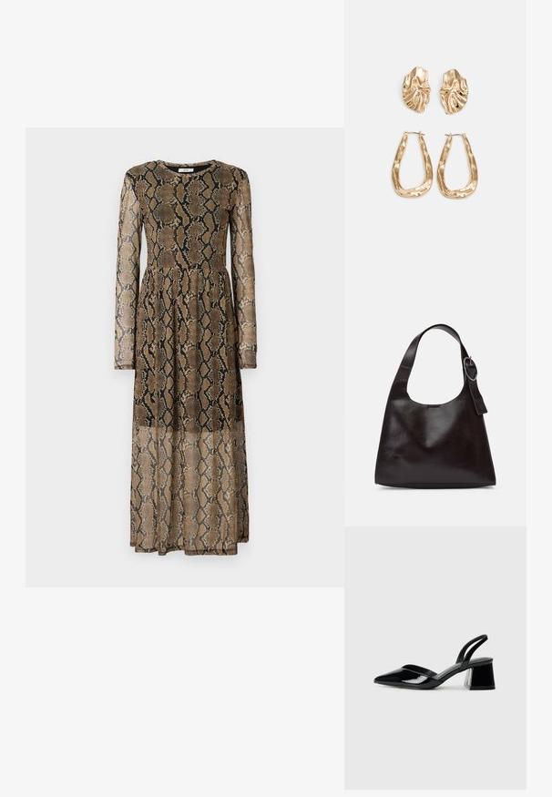 Dolga, prosojna obleka z vzorcem kače v odtenkih rjave in črne barve, z dolgimi rokavi in prilegajočim pasom.; Črne lakirane slingback pete s koničastim nosom in geometrijsko blokasto peto. Imajo eleganten, minimalističen dizajn in gladko teksturo.; Rjava usnjena torba za ramo z gladko teksturo, okroglo obliko, širokim trakom in krožno kovinsko akcenco na ročaju.; Zlato obarvani uhani z teksturiranimi, valovitimi oblikami. Vključujejo skulpturalne sponke za ušesa in odprto obliko obročka s kladivastim finišem.