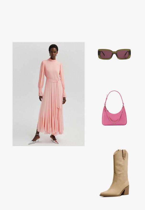 Touché Privé Robe longue - pink; Bershka HIGH-HEEL - Bottes de cowboy / motard - beige; Lunettes de soleil rectangulaires avec une monture vert olive et des verres rose profond. La monture présente une finition brillante, tandis que les branches sont élégantes et droites.; Sac à épaule synthétique rose avec une forme courbée, texture lisse, bandoulière en chaîne amovible et un détail de logo circulaire sur le devant.