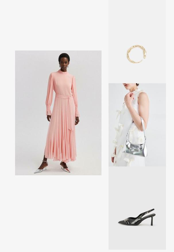Touché Privé Dolga obleka - pink; Črne patentne usnjene sandale s koničastim nosom, zankami okoli gležnja s srebrnimi sponkami in opremo ter vitkimi petami.; Srebrna metalna torbica z oblikovano strukturo, ki ima zgornji ročaj in detajl v obliki mašne spredaj. Gladka tekstura, z odsevnimi površinami.; Zlati prstan s organskim, zvitim dizajnom, gladko površino in taperiranimi konci, ki ustvarja modernega, skulpturalnega videza.
