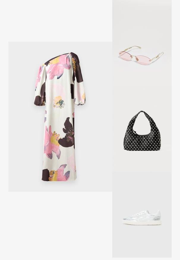 Haljina s otpadom ramena i cvjetnim uzorkom s napuhanim rukavima. Ima velike ružičaste i žute cvjetove na krem podlozi. Izrađena je od mekog, lepršavog materijala.; Bijele tenisice s metalik srebrnim detaljima, glatke teksture, okruglog vrha, ravnog đona i klasičnim vezanjem.; Gucci Sunčane naočale - gold-coloured/pink; Crna kožna torba s zakrivljenom drškom, s uzorkom metalnih zakovica ravnomjerno raspoređenih po površini. S zatvaranjem na patentni zatvarač.