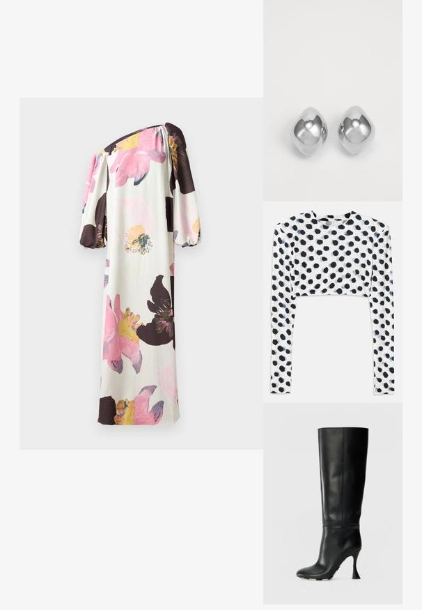 Šaty s odkrytými plecami a balónovými rukávmi. Obsahujú veľké ružové a žlté kvety na krémovom pozadí. Vyrobené z jemnej, splývavej tkaniny.; Zastrihnutý top s dlhým rukávom z pružného bieleho materiálu s čiernymi bodkami, hladkou textúrou a okrúhlym výstrihom.; Čierne kožené vysoké čižmy po kolená s prispôsobeným členkom a špicatou špičkou. Majú charakteristický zakrivený opätok a hladký textúrovaný povrch.; Strieborné kovové náušnice s hladkým, zaobleným tvarom, s lešteným povrchom a odrazovou plochou. Minimalistický dizajn bez ozdôb.
