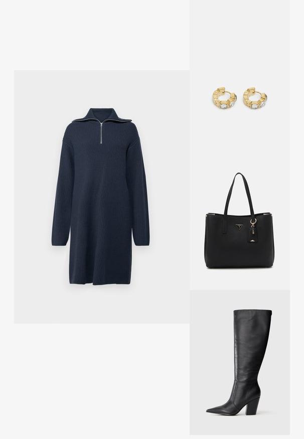 Vestido de punto en azul marino oscuro con cuello alto con cremallera, mangas largas y textura acanalada, que presenta una silueta relajada y recta.; Bota negra de cuero hasta la rodilla con punta afilada y tacón alto grueso, mostrada en perfil lateral izquierdo sobre fondo blanco.; Bolso tote negro hecho de material sintético texturizado, con dos asas, una placa de logo dorada y una pequeña etiqueta con un detalle de acento.; Pendientes de aro de oro con un diseño texturizado y tres acentos de cristal transparente en un lado, que ofrecen una estética geométrica moderna.