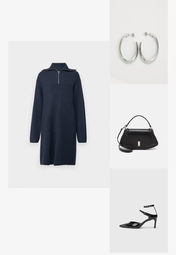 Tamsiai mėlynas megztinis suknele su užtrauktuku aukštu apykakle, ilgomis rankovėmis ir šonkauline tekstūra, pasižyminti laisvu, tiesiu siluetu.; Juodos lakinės odos aukštakulnės su smailiu koja, reguliuojamais kulkšnies dirželiais ir lieknu kulnu. Lygus paviršius su blizgiu apdaila.; Juoda odinė rankinė su struktūrizuotu dizainu, turi trumpą formą, viršutinę rankeną ir auksinius akcentus. Pridėtas reguliuojamas peties diržas.; Sidabriniai apvalūs auskarai su lygiu, išlenktu dizainu. Yra blizgus metalinis paviršius ir smeigtukų uždarymas. Nėra matomų raštų ar akcentų.