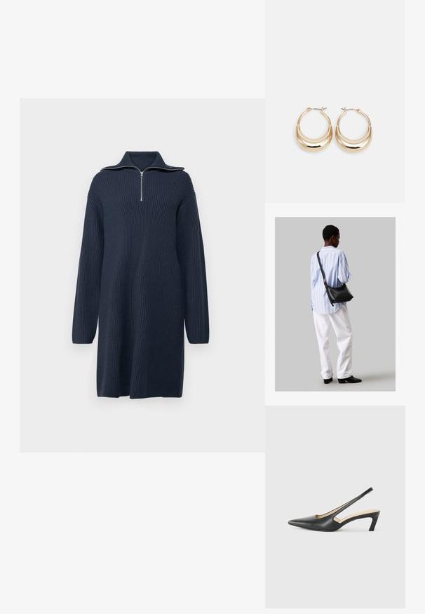 Neulemekko tummansinisestä langasta, jossa on vetoketjullinen korkea kaulus, pitkät hihat ja ribbikoostumus, joka tarjoaa rentoa suoraa siluettia.; Musta, kärjeltään terävä slingback-kengä, jossa on matala korko. Kengässä on sileä nahkamateriaali ja sivuilla leikkaukset hengittävyyttä varten.; Musta nahkainen olkalaukku, jossa on pehmeä rakenne, kolmion muoto ja säädettävä hihna, yhdistettynä vaaleansiniseen raidalliseen paitaan ja valkoisiin housuihin.; Kulta-toned korvakorut, joissa on puolikuun muoto, kiillotettu pinta ja sarana-closure. Sujuva rakenne ja heijastava pinta parantavat näkyvyyttä.