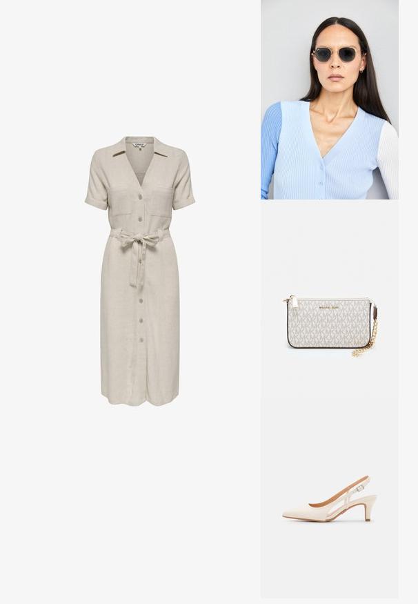 Beige vászonruha galléros nyakkivágással, rövid ujjal, két mellzsebbel, derékpánttal és elöl gombos záródással.; Fehér slingback sarok, hegyes orral, sima felső anyaggal, alacsony blokk sarkával és oldalsó kivágott dizájnnal, állítható csatpánttal.; Kerek napszemüveg sötét lencsékkel és arany kerettel. A modellen világoskék, bordázott kardigán van gombokkal és kontrasztos fehér ujjaival.; Michael Kors bézs bevonatos vászon karkötő, amely ismétlődő MK logó mintával, aranyszínű fémrészletekkel és levehető lánchordóval rendelkezik.