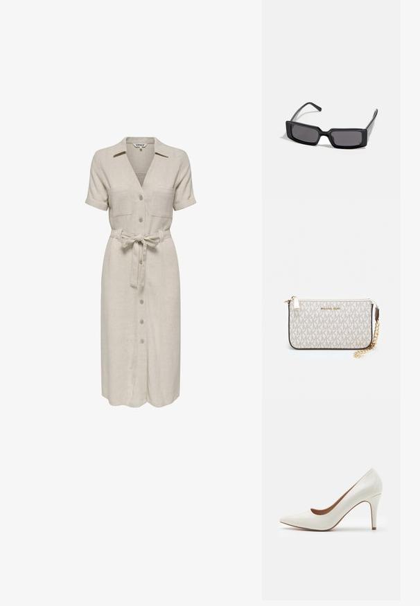 Rochie din in bej, cu guler, mâneci scurte, două buzunare pe piept, cordon la talie și închidere cu nasturi în față.; Cămașă de lac alb cu toc înalt, cu vârful ascuțit și o suprafață netedă, având un toc subțire și o deschidere tăiată jos.; Ochelari de soare negri cu rame dreptunghiulare, lentile întunecate și un finisaj lucios neted. Include temple subțiri cu un branding subtil pe lateral.; Clutch Michael Kors din canva acoperit bej, cu un model repetitiv al logo-ului MK, accesorii din aur și o curea cu lanț detașabil.