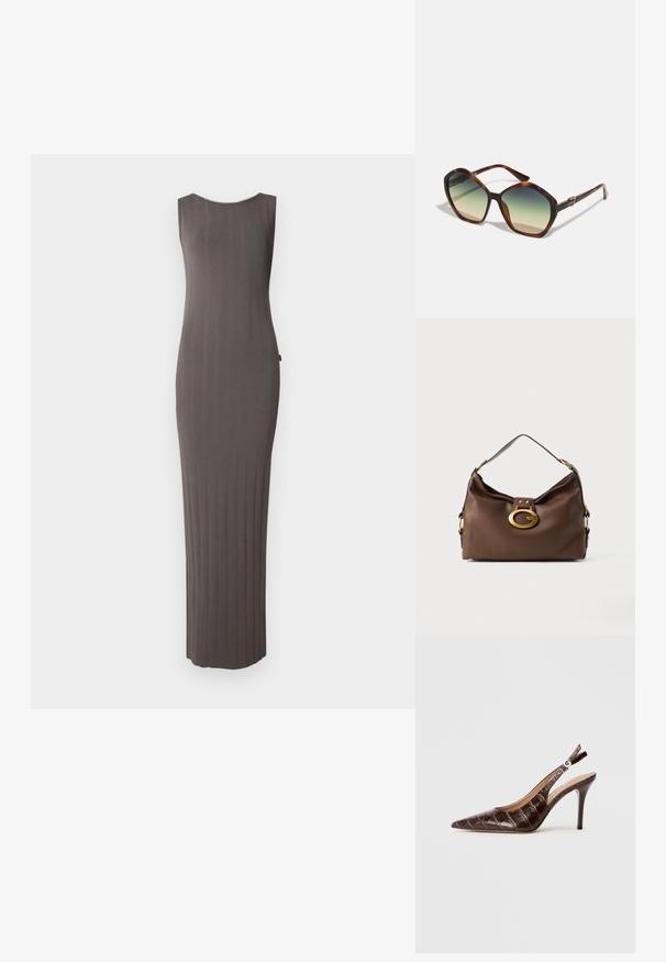 Graues, geripptes Strickkleid mit ärmellosem Design, das einen runden Ausschnitt und einen geraden, bodenlangen Schnitt aufweist.; Braune, krokodil-prägierte Leder-Slingback-Pumps mit spitzem Schuhkopf, offenem Seitenbereich und dünnem hohen Absatz. Mit einer Schnallenverstellung gestaltet.; Braune Schildpatt-Sonnenbrille mit einem breiten, kantigen Rahmen und Gradientengläsern, die von dunkel zu hell übergehen, sowie metallischen Akzenten.; Braune Handtasche aus Leder mit strukturiertem Finish, ausgestattet mit einem goldfarbigen Verschluss und einem einzigen, geschwungenen Schulterriemen.
