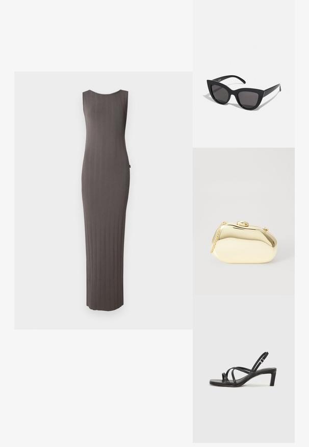 Grå ribbestrikket kjole med ermeløs design, som har rund hals og en rett, gulvlengde silhuett.; Sorte sandaler med stropper, firkantet tå og lav blokk hæl. Har flere tynne stropper og en justerbar ankelstropp. Laget av glatt lær.; Sorte katteau solbriller med mat finish, featuring grå tonede linser, skarpe vinkler og slanke sidearme. Merkenavn synlig på den indre armen.; Metallisk gull clutch med en glatt, rund form, med en toppknapp-lås og et lite kjede for bæring.