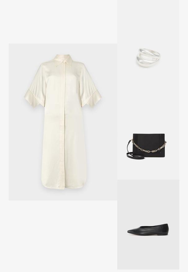 Abito camicia in seta avorio con colletto classico, maniche corte e larghe, e chiusura frontale con bottoni, caratterizzato da una texture liscia e lucida.; Ballerine in pelle nera, punta affusolata, design minimalista, texture liscia, tacco basso, senza hardware o decorazioni visibili.; Borsa a tracolla nera in pelle con una texture liscia, forma rettangolare e dettaglio in catena metallica sul davanti. Inclusa una tracolla regolabile.; Anello doppio in argento con superficie liscia e lucida. Presenta un design fluido e curvo con sezioni sovrapposte per un aspetto moderno.