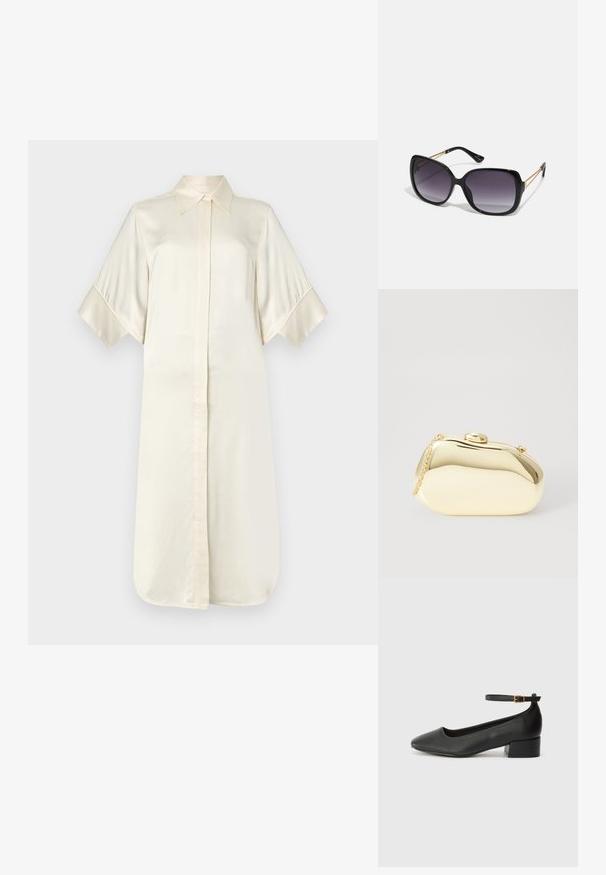 Krémové hedvábné šaty ve stylu košile s klasickým límcem, krátkými širokými rukávy a zapínáním na přední straně, s hladkým a lesklým povrchem.; Černé kožené lodičky s špičatou špičkou a nízkým blokovým podpatkem. Obsahují pásek kolem kotníku se zlatou sponou. Hladký povrch.; Černé oversized sluneční brýle se gradientními skly, silnými rámy a zlatými řetízkovými detaily na nožičkách.; Metalická zlatá kabelka s hladkým, zaobleným tvarem, opatřená horním zapínáním na knoflík a malým řetízkovým popruhem pro nošení.