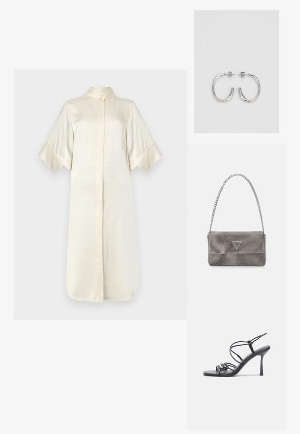 Kreminio šilko suknelė marškiniais su klasikine apykakle, trumpomis plačiomis rankovėmis ir priekiu užsegama mygtukais, pasižyminti glotnia, blizgia tekstūra.; Juodos aukštakulnės sandalai pasižymi plonyčiais dirželiais su mazgo dizainu, lygiu kvadratiniu pirštu ir elegantišku stiletto kulnu.; Šviesiai pilka metalinė rankinė su grandinėlės dirželiu, papuošta mažais apvaliais metaliniais smeigėmis ir trikampiu prekės ženklu.; Sidabrinės auskarai žiedai su lygiu, blizgiu paviršiumi. Suapvalinta forma, lengvas dizainas, su uždarymu ant smeigtuko.