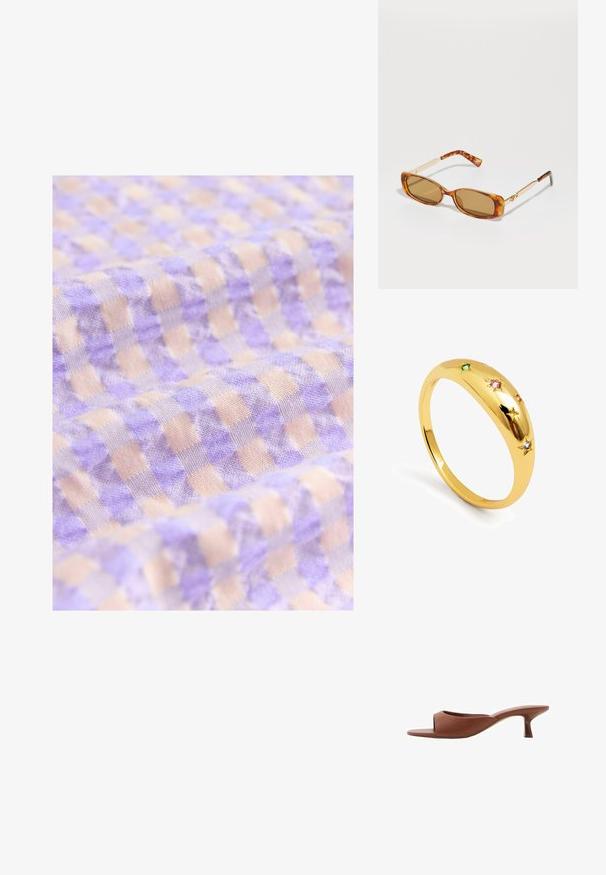 Tejido de cuadros en tonos púrpura claro y beige con una textura suave, que presenta pequeños cuadrados dispuestos en un patrón regular.; Mule de tacón abierto en color marrón con un acabado suave y mate, que presenta un diseño curvado y un tacón transparente y afilado.; Gafas de sol de carey marrón con montura rectangular, brazos de metal dorado y lentes de color marrón claro. Diseño elegante, sin logotipos visibles.; Anillo dorado con una banda lisa y redondeada que presenta cinco acentos de estrellas, cada uno engastado con piedras preciosas de colores en rosa, verde y azul.