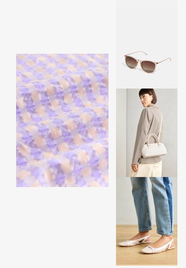 Lyse lilla og beige ternet stof med en blød tekstur, der har små firkanter, arrangeret i et regelmæssigt mønster.; Lyserøde slingback flade sko med spidse tær, lavet af et glat læderlignende materiale. Har udskæringsdetaljer på siderne og en flad hæl.; Brune gradient solbriller med en gennemsigtig pink stel, firkantet form og tynde metalarme. Har afrundede kanter og minimal dekoration.; Hvid struktureret taske med korte håndtag og en skulderrem, prydet med guldfarvede hardwaredetaljer og tekstureret materiale, præsenteret mod en grå baggrund.