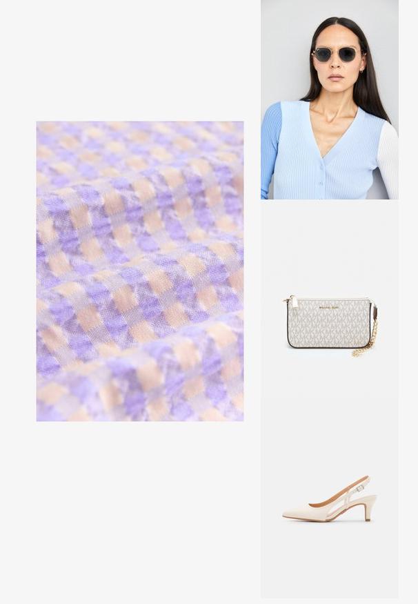 Helllila und beige karierte Stoff mit einer weichen Textur, der kleine Quadrate enthält, die in einem regelmäßigen Muster angeordnet sind.; Weiße Slingback-Absätze mit spitzer Zehenpartie, glattem Obermaterial, niedrigem Blockabsatz und seitlichem Ausschnitt-Design mit verstellbarem Schnallenriemen.; Runde Sonnenbrillen mit dunklen Gläsern und goldenen Rahmen. Das Modell trägt eine hellblaue, gerippte Strickjacke mit Knöpfen und weißen Kontrastärmeln.; Michael Kors Clutch in beige beschichtetem Canvas mit einem wiederholten MK-Logo-Muster, goldfarbener hardware und einem abnehmbaren Kettenriemen.