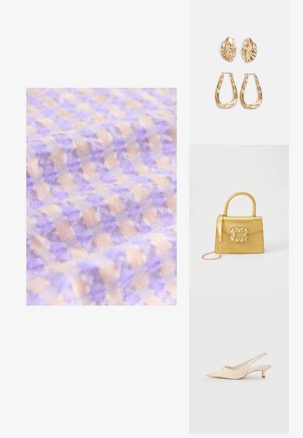 Heledad lilla ja beež ruuduline kangas pehme tekstuuriga, millel on väikesed ruudud, paigutatud regulaarse mustriga.; Kitsas varbaga ja avatud kannaosa valged nahast slingback kingad, kaunistatud väikese sõlme detailiga ja madala kitten kontsaga. Sile tekstuur, minimalistlik kujundus.; Kollane faux-krokodilli käsipindaga kott, millel on struktureeritud disain, ülemine käepide, eemaldatav kettmass ja dekoratiivne kristallkaunistus klambril.; Kuldse värvi kõrvarõngad, mis on kaunistatud tekstuursete ja laineliste kujunditega. Komplektis on skulpturaalsed klamber kõrvarõngad ja avatud rõngasdisain, millel on lõhestatud viimistlus.