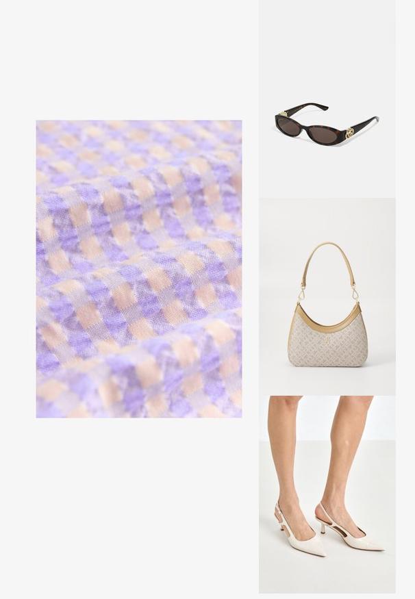 Lyse lilla og beige ternet stof med en blød tekstur, der har små firkanter, arrangeret i et regelmæssigt mønster.; Beige patenterede læder slingback hæle med spids tå og 5 cm hæl, med udskårne sider og en tynd ankelrem.; Skildpaddemønster solbriller med aflange ovale linser, brun farve, guldlogo accenter på stængerne og slanke sorte arme.; Beige mønsteret taske med en buet form, læderdetaljer og et guldtonet logo på fronten. Har et kort håndtag for nem bæring.; Perle- og krystalhalskæde med et rundt, perlekantet design i lyse nuancer, der præsenterer skiftevis perler og glitrende detaljer, båret om halsen.