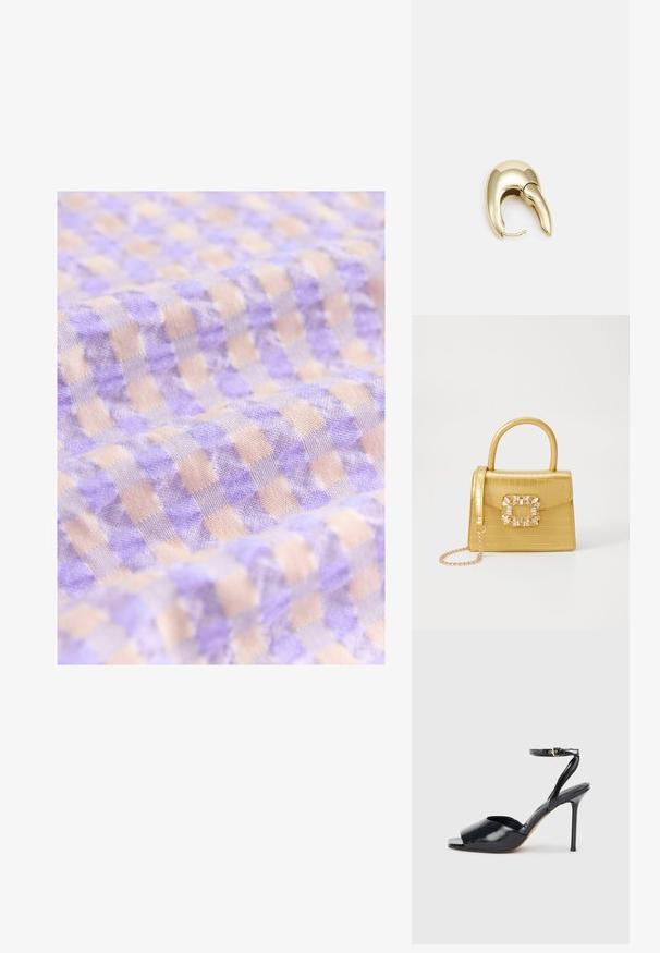 Heledad lilla ja beež ruuduline kangas pehme tekstuuriga, millel on väikesed ruudud, paigutatud regulaarse mustriga.; Mustmustest musta kõrge kontsaga sandaal avatud ninaga, õhuke stiletthöövel ja pahkluu rihm kuldse pandlaga valgel taustal.; Kollane faux-krokodilli käsipindaga kott, millel on struktureeritud disain, ülemine käepide, eemaldatav kettmass ja dekoratiivne kristallkaunistus klambril.; Kuldtooni metallist kõrvarõngas, millel on elegantne ja kaarjas disain. Omab silmapaistvat teravat kuju, poleeritud pinda ja hingesulgemist.