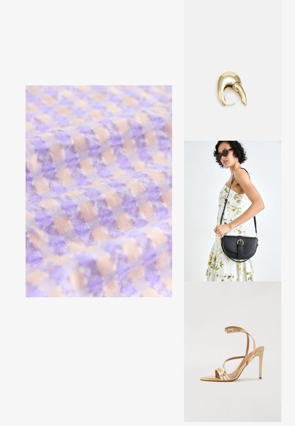 Svetlofialová a béžová kockovaná látka s jemnou textúrou, obsahujúca malé štvorečky usporiadané v pravidelnom vzore.; Even&Odd Sandále na vysokom opätku - gold; Čierna kožená kabelka s zaobleným tvarom, odnímateľným popruhom a zlatými doplnkami. Kabelka má klopu s detailom s prackou.; Náušnice z kovu v zlatej farbe s elegantným, zakriveným dizajnom. Majú charakteristický špicatý tvar, leštený povrch a uzáver na pánt.