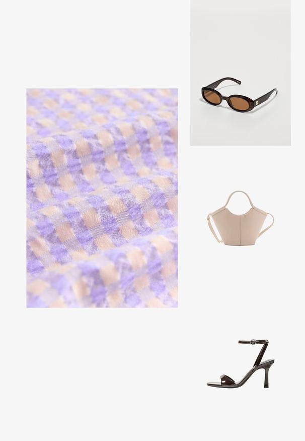 Jasnofioletowa i beżowa tkanina w kratkę o miękkiej teksturze, z małymi kwadratami, ułożonymi w regularnym wzorze.; Brązowe lakierowane skórzane sandały na wysokim obcasie z paskiem wokół kostki, otwartym noskiem i eleganckim, minimalistycznym designem. Posiadają kwadratowy obcas.; Brązowe okulary przeciwsłoneczne w kształcie muszki z owalnymi soczewkami, z cienką oprawką i małym metalowym akcentem z boku. Teksturowane i wypolerowane wykończenie.; Beżowa skórzana torebka o unikalnym kształcie, z dwoma krótkimi uchwytami i długim, regulowanym paskiem. Gładka tekstura z minimalną ilością elementów metalowych.