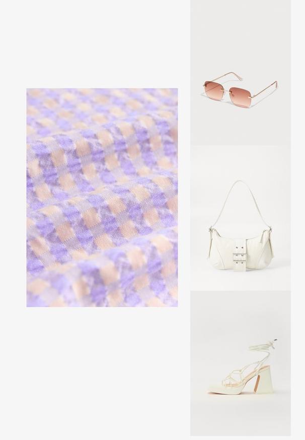 Țesătură cu carouri de culoare violet deschis și bej, cu o textură moale, având pătrățele mici, dispuse într-un model regulat.; Sandale albe cu toc înalt și gros, cu un design cu curele și legătură la gleznă. Textură netedă, cu o platformă frontală pentru înălțime suplimentară.; Ochelari de soare rectangulari cu lentile gradient în nuanțe de roz, ramă din metal aurit și mânere roz. Dispune de suporturi mici pentru nas și detalii discrete pe balamale.; Geantă albă de umăr cu un finisaj texturat, un accent cu cataramă centrală și o formă curbată. Încărcătoare cu fermoar pe ambele laturi.