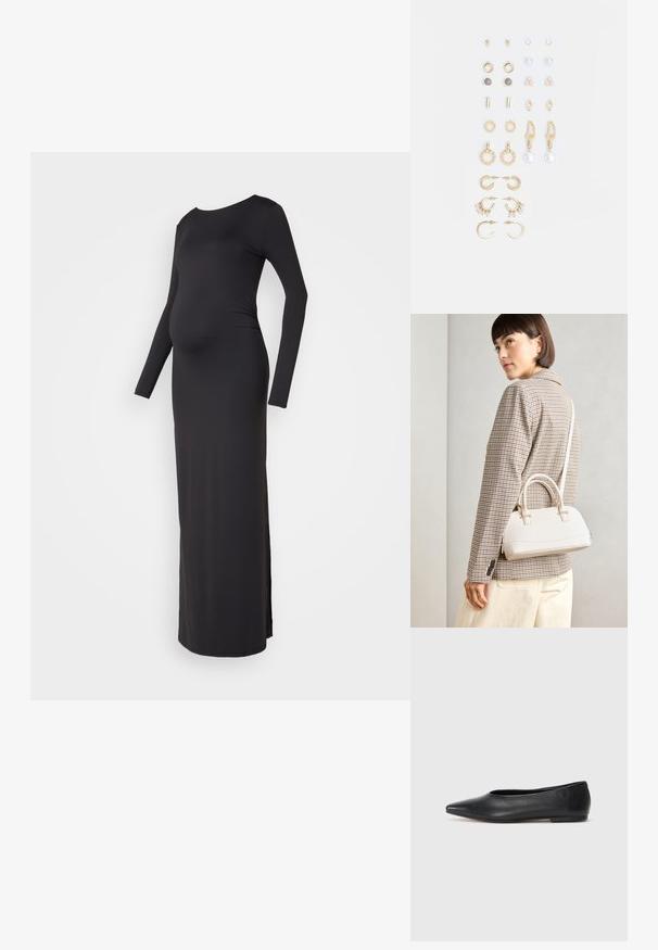 Juodas ilgomis rankovėmis nėščiųjų suknelė su prigludusia forma, apvaliu iškirpimu ir šoninėmis skaidrėmis, užtikrinančiomis patogumą judant, pagaminta iš minkštos, tamprios medžiagos.; Juodas odinis baleto batas, su smailiu pirštu, minimalistinio dizaino, lygiu paviršiumi, žemo profilio kulnu, be matomos aparatūros ar papuošimų.; Balta struktūruota rankinė su trumpomis rankenomis ir peties diržu, su auksinėmis detalėmis ir tekstūruota medžiaga, pastatyta prieš pilką foną.; Auksiniai auskarai su įvairiais dizainais, įskaitant studus, žiedus ir kabančius modelius su perlų ir kristalų akcentais.