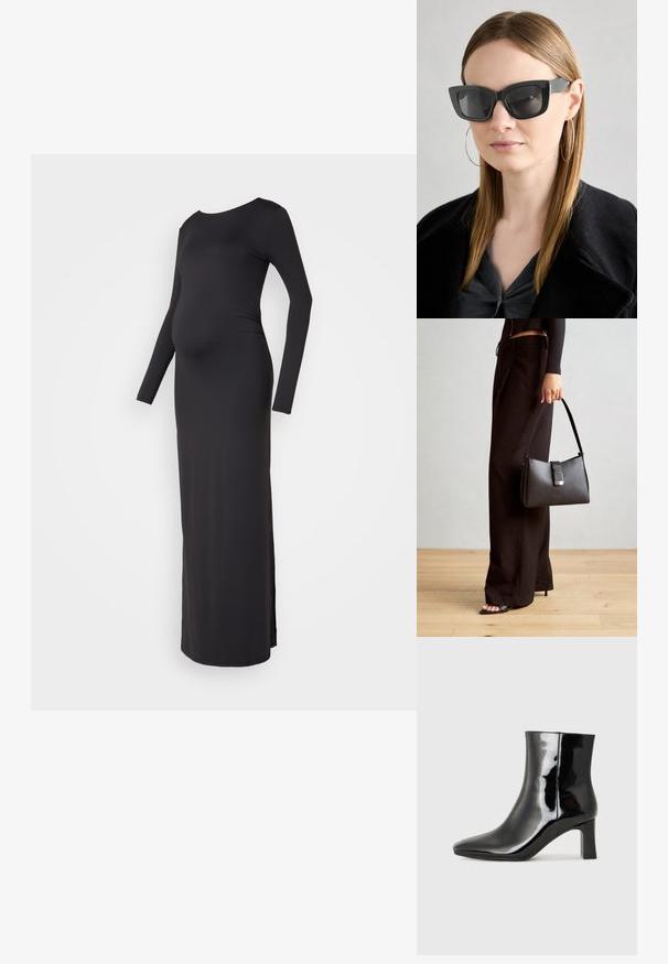 Crna haljina za trudnice dugih rukava s pripijenim oblikom, okruglim izrezom i bočnim prorezima za lakše kretanje, izrađena od mekog, rastezljivog materijala.; Crne lakirane kožne gležnjače s šiljastim prstom i srednje visokom blok petom. Glatka tekstura i minimalistički dizajn.; Crne mačje naočale s tamnim staklima, debelim okvirima i suptilnim detaljima. Nosit će se s crnim kaputom i sivoj majici, s dugom ravnom kosom.; Crna torba s oblikom koji sadrži strukturu, glađu teksturu i metalnu kopču. Uparena s širokim crnim hlačama i sandalama na otvorenom s drvenog poda.