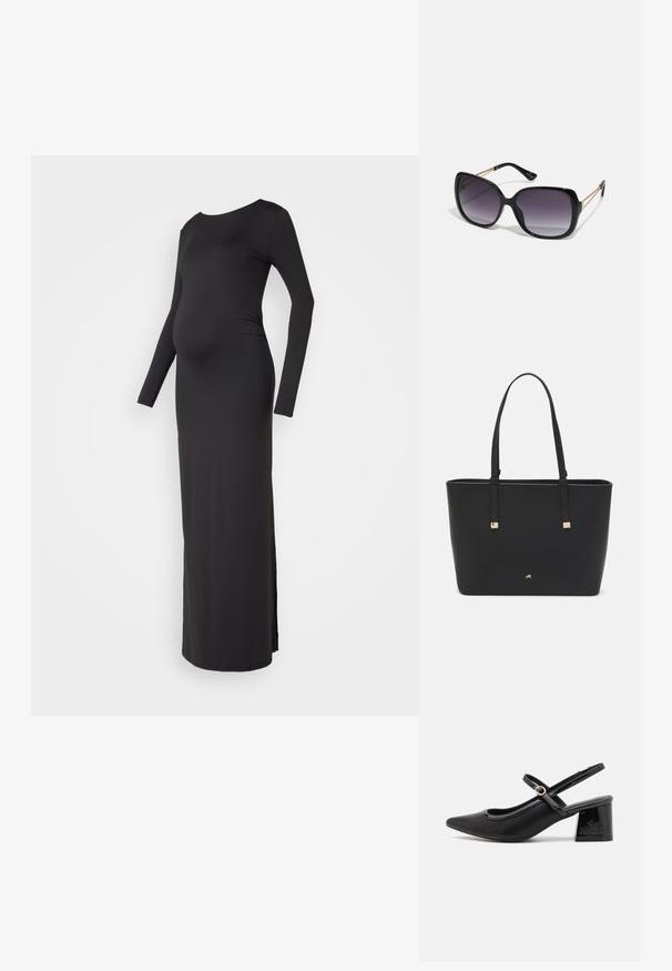 Mustmust pikkade varrukatega raseduskleit, sileda disaini, ümarate kaelustega ja külgsugete ning mugavuse tagamiseks valmistatud pehmest ja venivast kangast.; Mustad läikivad nahast slingback-kõrged kontsad, millel on terav nina, ümar lõikekujundus ja blokknina. Omab kuldset nupu aktsenti.; Mustad ümarad päikeseglaasid, millel on gradient objektiivid, paksud raamid ja kuldse tooni kettaga kaunistused tempelitel.; Must musträkk, mis on valmistatud sünteetilisest materjalist, lihtsa ristkülikukujulise disainiga, kuldsete ruudukujuliste rõhutustega ja kahe käepidemega.