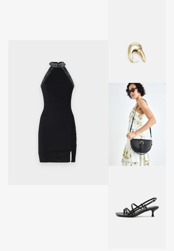 Černé halter šaty s přiléhavým designem, zdobeným výstřihem, bočním rozparkem a hladkou texturou. Obsahují bezpečné zapínání na zádech.; Černé sandály na podpatku s několika křížovými pásky. Hladký materiál, špičatá špička a úzký podpatek. Nastavitelný pásek kolem kotníku s přezkou.; Černá kožená kabelka s křivkovým tvarem, odnímatelným popruhem a zlatými detaily. Kabelka má klopu s přezkou.; Náušnice ve zlatém tónu z kovu s elegantním zakřiveným designem. Vyznačují se jedinečným špičatým tvarem, lesklým povrchem a závěsem na kloub.