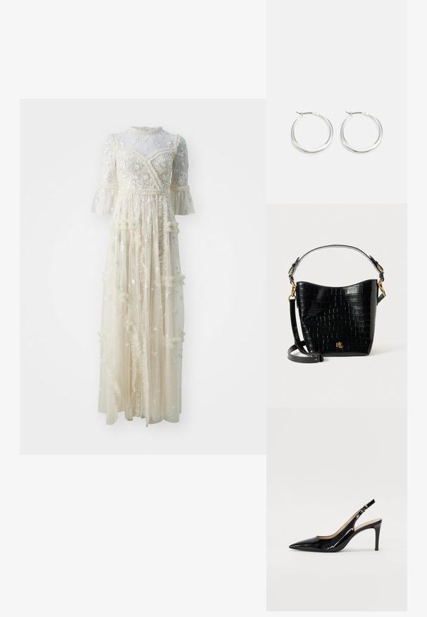 Needle & Thread SHIMMER DITSY LONG SLEEVE GOWN - Gallakjole - cream/cream; Sort patenteret læder slingback stiletto med spids tå, slank hæl og et subtilt udskæringsdesign. Har en gylden spænde på remmen.; Sort lædertaske med krokodilleprægning, rundet form, guldhardware-detaljer, justerbar rem og logodekal foran.; Sølv hoops øreringe har et glat, afrundet design med en slank profil og sikker spænde. Minimalistisk stil med en poleret finish.