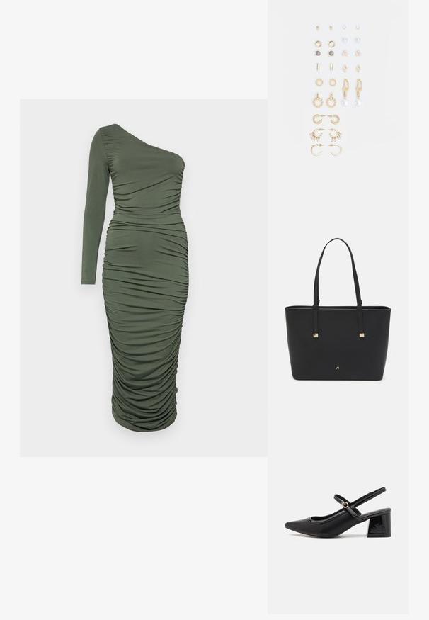 Egyvállas olíva zöld ruha, tüllös kialakítással, amely puha, rugalmas anyagból készült és testhez álló sziluettje van, amely a vádli közepéig ér.; Fekete lakk bőr, pántos magassarkú cipő, hegyes orral, lekerekített kivágással és tömbsarkal. Arany színű csat díszíti.; Fekete tote táska szintetikus anyagból, egyszerű téglalap formájú dizájnnal, arany négyzet díszítésekkel és dupla fogantyúkkal.; Arany tónusú fülbevalók szettje, amely különféle mintákat tartalmaz, beleértve a stift fülbevalókat, karikákat és gyöngyökkel és strasszokkal díszített hosszú fülbevalókat.